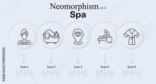 Spa wellness set icon. Woman facial treatment, foam bath tub, lotus therapy location, massage therapist session, bathrobe clothing, relaxation therapy, beauty care