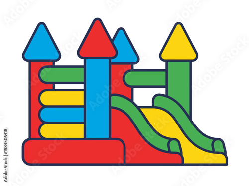 A single inflatable bounce house vector design, featuring a medieval castle with double slides in bright colors like blue, red, and yellow for a kids outdoor playground