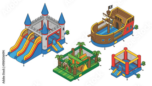 Isometric bounce house vector collection featuring inflatable castle, pirate ship, jungle theme, and classic jumping trampoline for kids outdoor party and amusement park.
