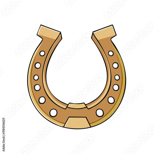 Golden horseshoe with nail holes illustration, symbol of luck and good fortune, isolated on white.