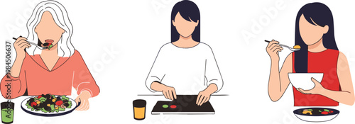 Women eating healthy food set with salad sushi and meal scenes vector illustration lifestyle nutrition collection design