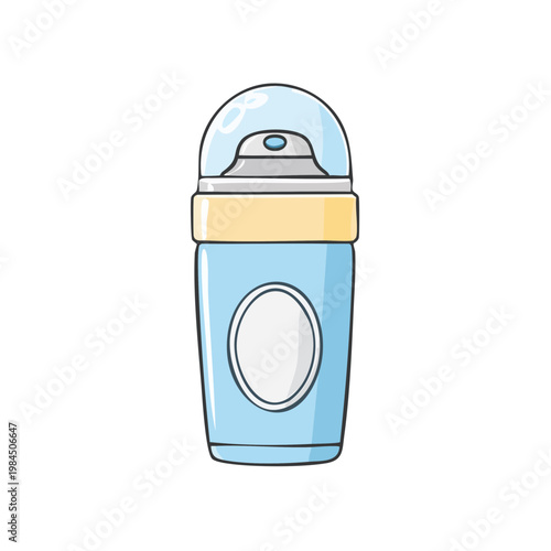 Cute cartoon baby sippy cup with blue and yellow accents and a white oval label