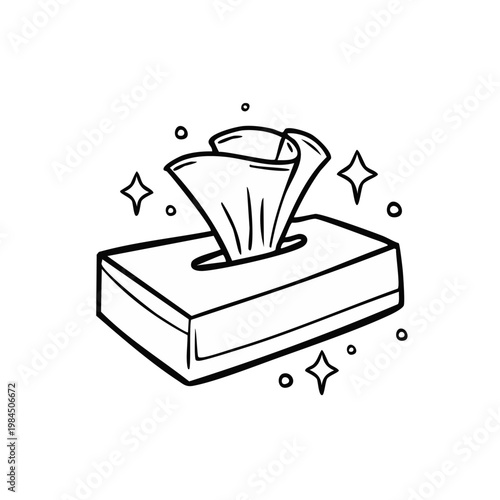 Hand drawn illustration of a tissue box with a single tissue peeking out and sparkling stars
