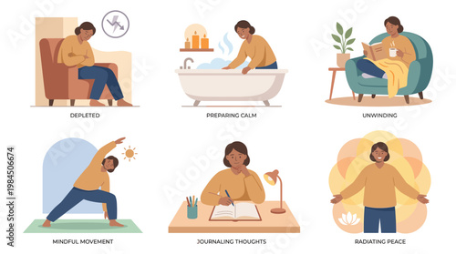 Mental health illustrations show people coping with wellness and anxiety through therapy and stress relief techniques at home