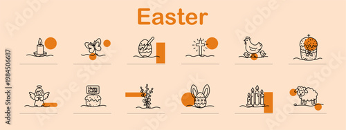 Easter set icon. Line symbols depict candle, butterfly, painted egg, cross symbol, chicken family, easter cake, angel, festive cake, willow branch, bunny egg, candles, lamb