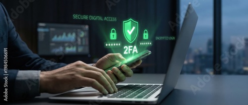 Securing digital access with two-factor authentication on smartphone and laptop in modern office environment highlighting cybersecurity best practices