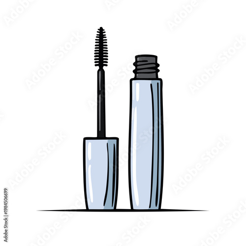 Illustration of a light blue mascara tube with its wand revealed showing the bristled applicator for cosmetic use