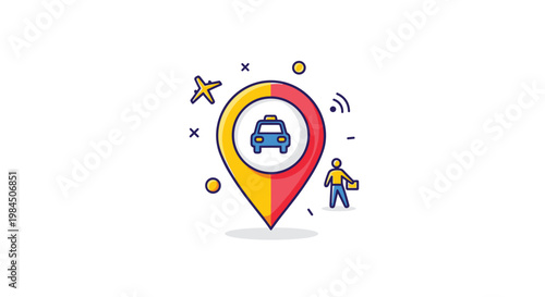 Taxi service location pin icon featuring a car symbol inside a map marker with various travel and signal icons on white background.