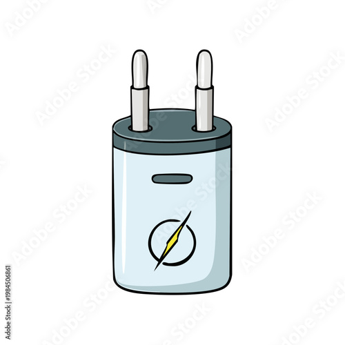 Illustration of a white power adapter with a lightning bolt symbol and two prongs