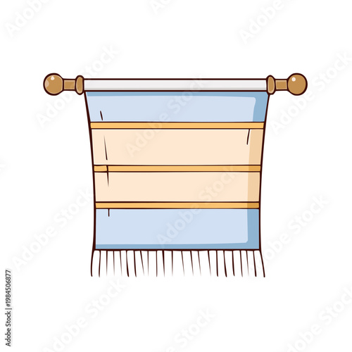 Hand-drawn illustration of a striped textile hanging from a wooden rod, featuring a fringe detail and soft color palette.