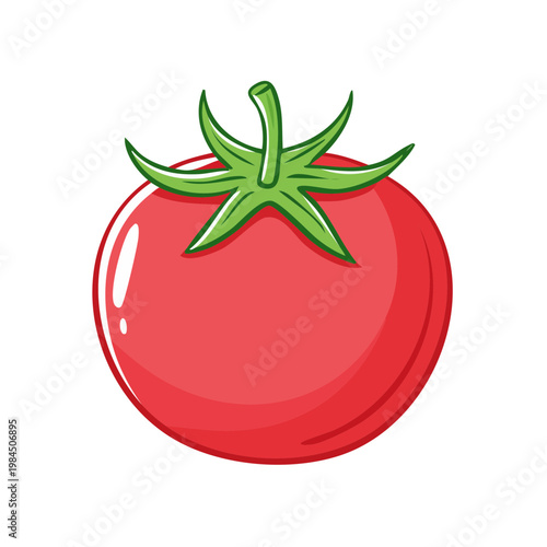 Vibrant illustration of a fresh ripe red tomato with green stem and leaves
