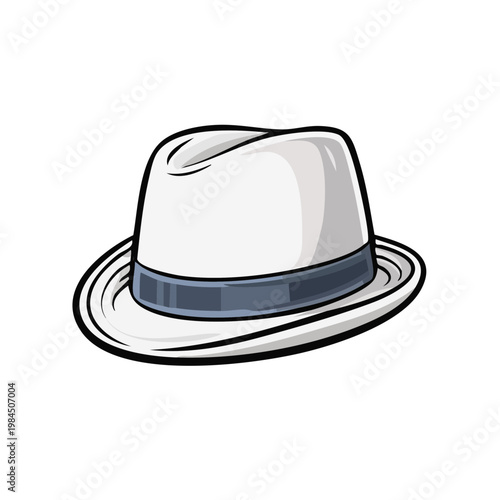 Classic White Fedora Hat with Dark Blue Band Artistic Illustration