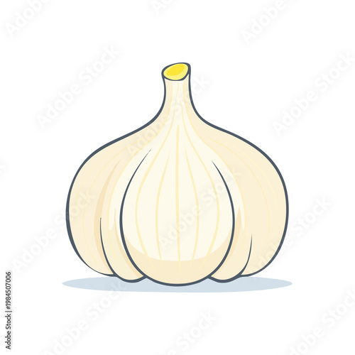 Stylized illustration of a single, ripe garlic bulb with a yellow stem on a white background.