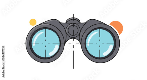 Vector illustration of binoculars with crosshairs and decorative circles represents vision, discovery, and tactical observation concepts.