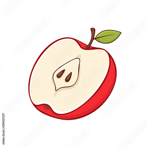 Fresh red apple sliced in half revealing seeds and white flesh with a green leaf