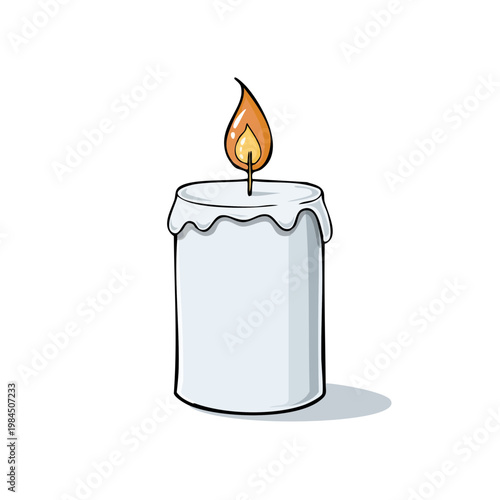 A lone white candle with a bright, flickering flame emits a warm glow, casting a subtle shadow.