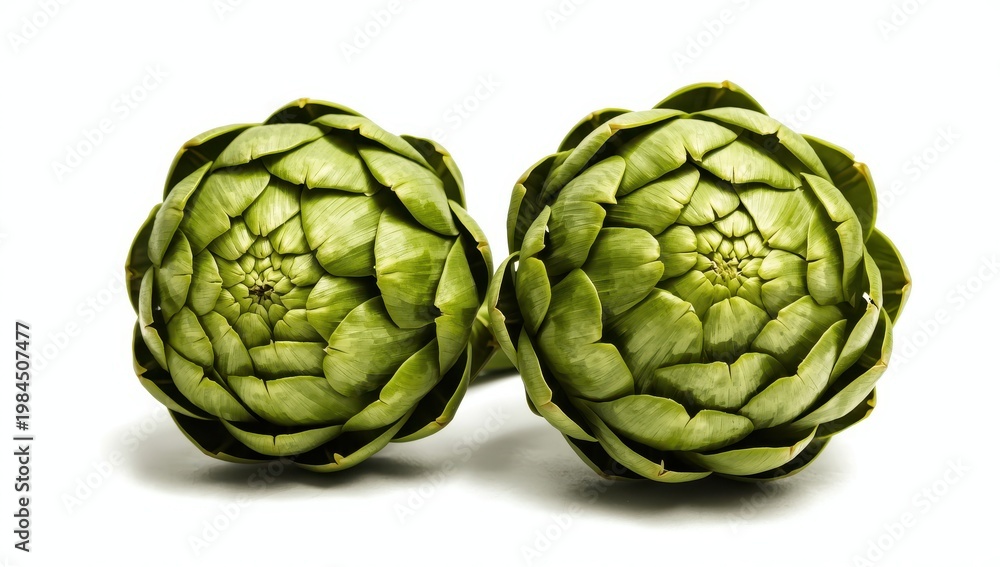 Fototapeta premium Two fresh artichokes on a white background.