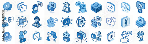 Vector isometric icon sheet AI Chatbot and virtual assistant dominant blue color
