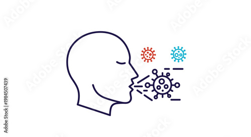 Medical line art illustration shows a human profile coughing or sneezing with stylized virus particles representing the spread of germs.
