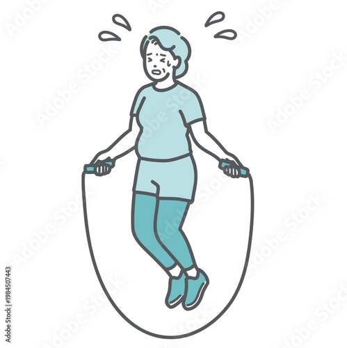 辛そうに縄跳びをするぽっちゃりシニア女性のイラスト