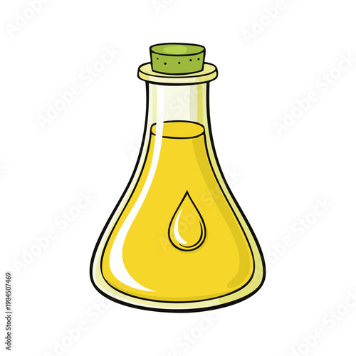 Glass flask with yellow liquid and a single drop suspended within