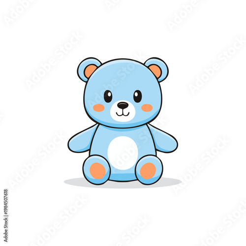 Cute blue cartoon teddy bear sitting with rosy cheeks and round ears, adorable illustration for children's designs