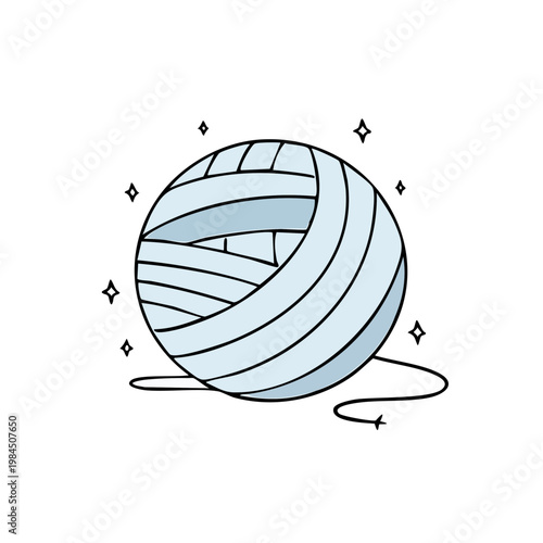 Light blue yarn ball with sparkling highlights and a loose thread symbol of crafting