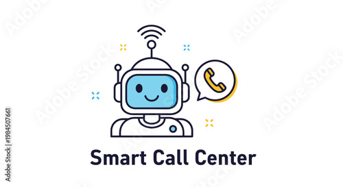 Cartoon illustration of a friendly robot call center agent with a headset and the text smart call center in a fun design.