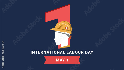 International Labour Day Celebration Poster with Worker Silhouette and Hard Hat