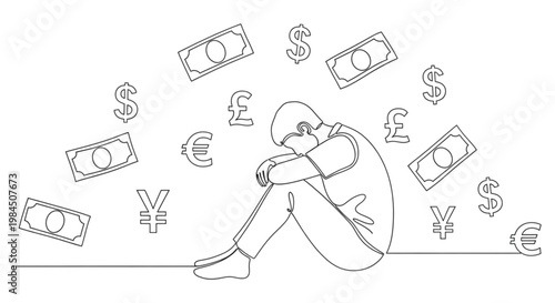 Continuous Line Art Financial Stress Person Money Bills Debt Minimalist Illustration