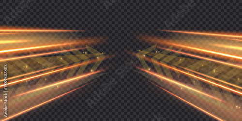 Multicolor neon trail with arrows rushes with smooth glowing lines. Abstract curves enhance futuristic style. Perfect transparent element for banners, posters, and UI layouts