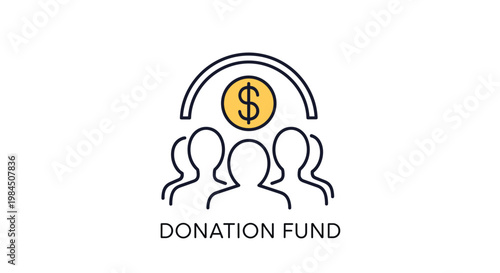 Line art icon for a donation fund features a group of people silhouettes with a dollar coin symbol enclosed within a curved arc.