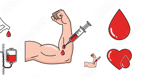 Blood donation concept with syringe and blood bag.