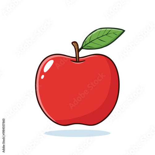 Vibrant red apple with a single green leaf and stem rendered in a clean cartoon illustration style