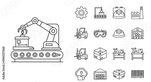 Industrial Robotic Arm on Conveyor Belt with Icons.
