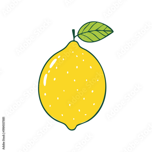 Hand Drawn Yellow Lemon Fruit with Green Leaf and Stem