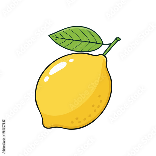 Bright yellow lemon with a single green leaf on a stem