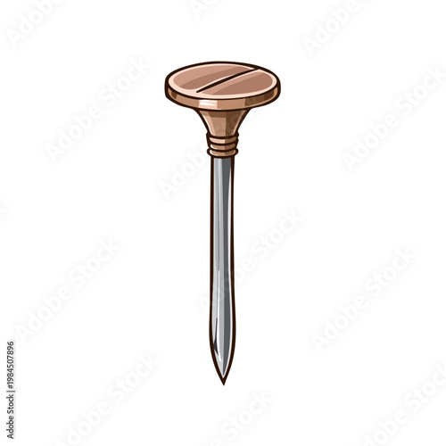 A single copper furniture tack with a wide, flat head and a sharp pointed shaft standing upright