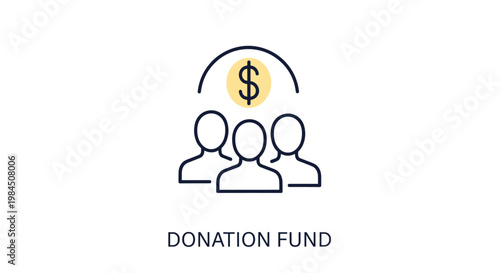 Donation fund conceptual icon showing three human figures with a golden dollar sign above them for charity work.
