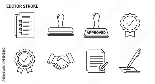 Set of Icons Representing Business and Legal Documents and Approval.