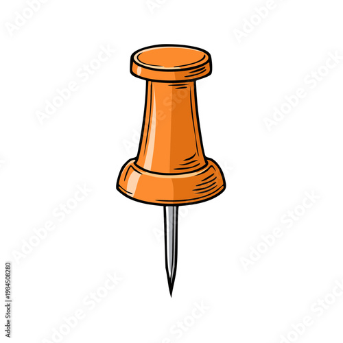Close-up of a bright orange thumbtack with a sharp metal point for attaching items