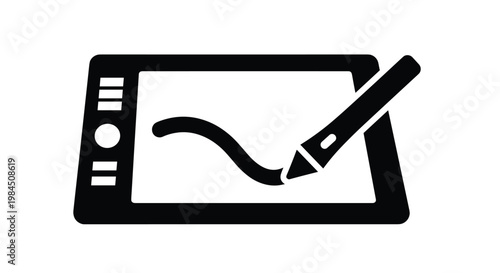 Graphics tablet with stylus icon in a solid black silhouette style for digital art and design industry concepts.