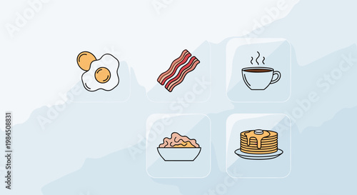Breakfast food icons collection including fried eggs, bacon, coffee, hash browns, and pancakes for menu design.