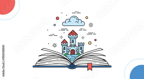 Fantasy and storytelling illustration with a pop-up castle emerging from the pages of an open book for kids.