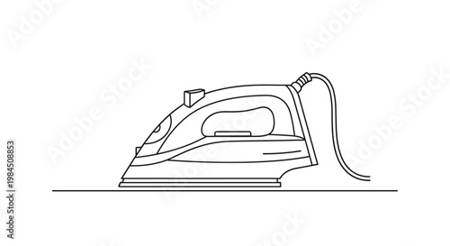 Minimalist line art illustration of a modern electric steam iron resting on a flat surface for domestic chores.
