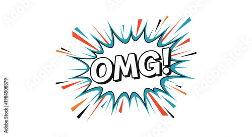 Comic speech bubble with the text omg and a vibrant starburst pattern background in a pop art style for social media.