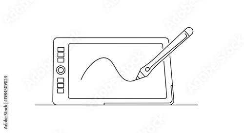 Minimalist continuous line drawing showing a digital graphics tablet with a stylus pen used for drawing and creative design work.