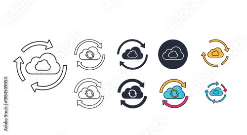 Diverse icon set representing cloud synchronization and data update with clouds and circular arrows in multiple styles and colors.