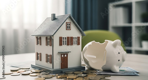 Broken Piggy Bank and House Model Illustrate Financial Hurdles in Home Ownership and Property Investment