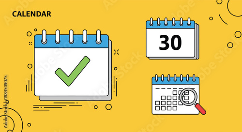 Various calendar icons including a checkmark for completed tasks, a specific date, and a monthly view with a magnifying glass on yellow.